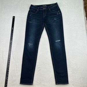 Silver Jeans Co Boyfriend Fluid Denim Dark Wash Distressed Jeans 27x29